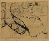 Ernst Ludwig Kirchner, Emmy Frisch im Schaukelstuhl, 1908, Kaltnadel auf dünner Pappe
