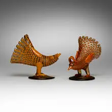 Fulvio Bianconi, Rooster model 2760 and Hen model 2761, pair, 1953/1965, glass with applied lattimo details
