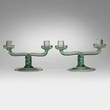 Soffiato candleholders, pair by Murano, c. 1930, soffiato glass, sold Aug 2024