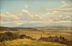 Ernst Kaiser, Oberbayerische Landschaft mit Regenwolke, 1838, Öl auf Papier, auf Pappe aufgezogen