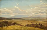 Ernst Kaiser, Oberbayerische Landschaft mit Regenwolke, 1838, Öl auf Papier, auf Pappe aufgezogen