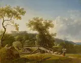 Johann Christian Klengel, Landschaft mit Steg: Links ein knorriger Baum hinter einem Feldstein, in der Mitte ein stabiler Holzsteg über einen Bach, von dem rechts eine Frau mit Tragkiepe kommt. Hinten zwischen Büschen und Bäum