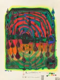 Sad not so sad is rainshine from Rainday on a rainy day - Triste pas si triste by Friedensreich Hundertwasser, 1968, Farbserigrafie und Metalldruck auf Papier, sold Jan 2021