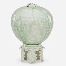 Cliff Lee, Fine celadon cabbage vase on leafy stand