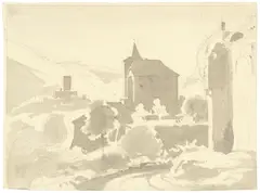 Ernst oder Bernhard Fries, Kapelle und Burgruine, Pinsel in Grau über Bleistift auf Bütten