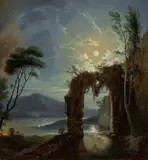 Deutsch, um 1830 & 40, Ruine an einem See bei Mondschein, Öl auf Papier auf Leinwand