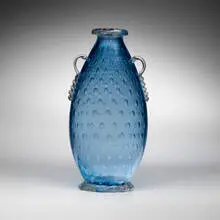 Vase by Murano, c. 1950, glass with gold leaf and applied handles, sold Aug 2024