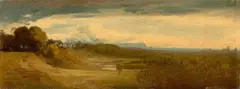 Voralpenlandschaft mit der Silhouette von München by Deutsch, um 1830, Öl auf Leinwand auf Pappe, sold Nov 2015