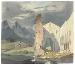 Kirchenruine im Gebirge unter Gewitterhimmel by Deutsch, um 1830, Aquarell über Bleistift auf Papier, sold Jun 2016