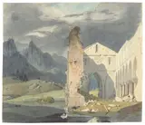 Deutsch, um 1830, Kirchenruine im Gebirge unter Gewitterhimmel, Aquarell über Bleistift auf Papier
