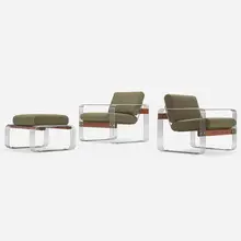Heinz Meier, Lounge chairs, pair and ottoman, c. 1965, chrome-plated steel, oak, upholstery