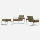 Heinz Meier, Lounge chairs, pair and ottoman, c. 1965, chrome-plated steel, oak, upholstery