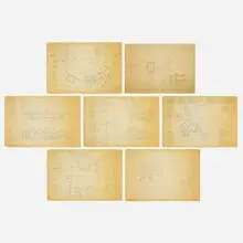 Bruce Goff, Collection of seven blueline prints for the J.O. and Mary Motsenbocker Residence, c. 1957, ink and graphite on paper