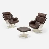 Yrjö Kukkapuro, Karnselli lounge chairs, pair and ottoman, c. 1964, lacquered fiberglass, leather, enameled aluminum, chrome-plated steel