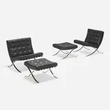 Barcelona chairs, pair and ottomans, pair by Ludwig Mies van der Rohe, leather upholstery, polished stainless steel, sold Jul 2024