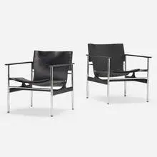 Charles Pollock, Sling chairs model 657, pair, 1964 / 1978, leather, chrome-plated steel, enameled aluminum