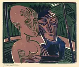 Menschen im Wald (Paar im Wald) by Conrad Felixmüller, 1918, Farbholzschnitt auf Bütten, sold Nov 2010