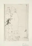 Pablo Picasso, Trois Personnages, dont une caricature d'après El Greco et une d'après Tintin, et un petit chien, 1966, Radierung auf Guarro-Velin