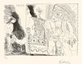 Pablo Picasso, Écrivain avec son égérie, travaillant à un conte du genre mille et une nuits où il est question d'un cabaliste au hibou, d'un jeune homme et d'une hétaire, 1968, Radierung auf Velin