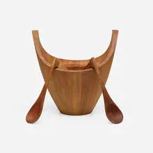 Jens Quistgaard, Mutenye Viking bowl, model 1636 and two serving spoons, c. 1960, teak, rosewood