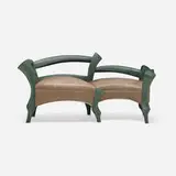 Craft, Settee, c. 1980, carved and lacquered wood, leather