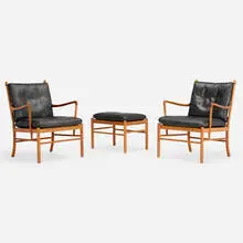 Ole Wanscher, Colonial lounge chairs, pair and ottoman, 1949, cherry, leather, cane
