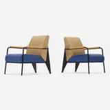 Jean Prouvé, Fauteuil de Salon chairs, pair, enameled steel, oak, upholstery