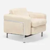 Robert Haussmann, Lounge chair, c. 1990, faux fur upholstery, chrome-plated steel