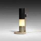 Cartuccia table lamp, model 12445 by Angelo Lelii, c. 1954, enameled steel, enameled aluminum, nickel-plated brass, frosted glass, sold Jul 2024