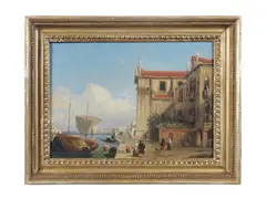 Venetian School, A capriccio with figures before a lagoon, oil on canvas laid down on board