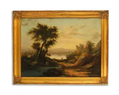 English School, An extensive river landscape with figures resting, oil on canvas