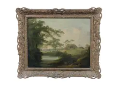 Julius Caesar Ibbetson, Figures resting by a stream, a farm beyond, oil on canvas