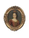 Alexis Simon Belle, Portrait of a girl in a red embroidered dress, oil on canvas, oval