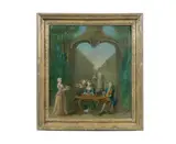 Figures in a garden under an arch by English School, oil on panel, sold Jul 2016