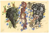 Markus Lüpertz, Jago, Desdemona Otello, 1996, Wachskreide, Gouache, Tusche und Bleistift auf einem Doppelbogen Papier (Rückseite einer Othello-Partitur)