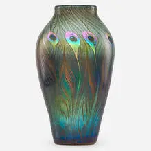 Tiffany Studios, Large Favrile peacock feather vase