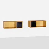 Harbo Sølvsten, Wall-mounted cabinets, c. 1955, pine, lacquered wood, brass