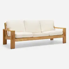Bonanza sofa by Esko Pajamies, c. 1965, oak, upholstery, sold Jul 2024
