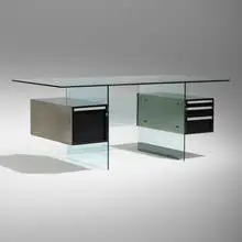 Desk by Xavier Marbeau, c. 1970, glass, lacquered wood, stainless steel, aluminum, sold Jul 2024
