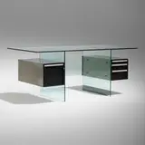 Desk by Xavier Marbeau, c. 1970, glass, lacquered wood, stainless steel, aluminum, sold Jul 2024