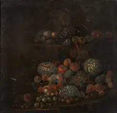 Tobias Stranover, Melons, apples and other fruit on stone ledges, oil on canvas