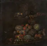 Tobias Stranover, Melons, apples and other fruit on stone ledges, oil on canvas