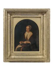 Gabriel Metsu, Portrait of a lady sewing, oil on panel, shaped top