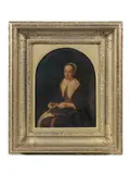 Gabriel Metsu, Portrait of a lady sewing, oil on panel, shaped top
