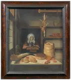 A woman in a bakery by Dutch School, oil on canvas, unlined, sold Jul 2016