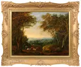 An extensive landscape with a drover and his herd, a cathedral beyond by English School, oil on canvas, unlined, offered Jul 2016