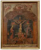 Cuzco School, The Crucifixion, oil on canvas laid down on board