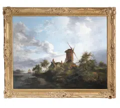 A windmill on a river by Dutch School, oil on canvas, sold Jul 2016