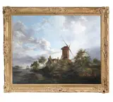 A windmill on a river by Dutch School, oil on canvas, sold Jul 2016