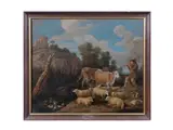 Flemish School, A shepherd and his flock in a landscape, oil on canvas
